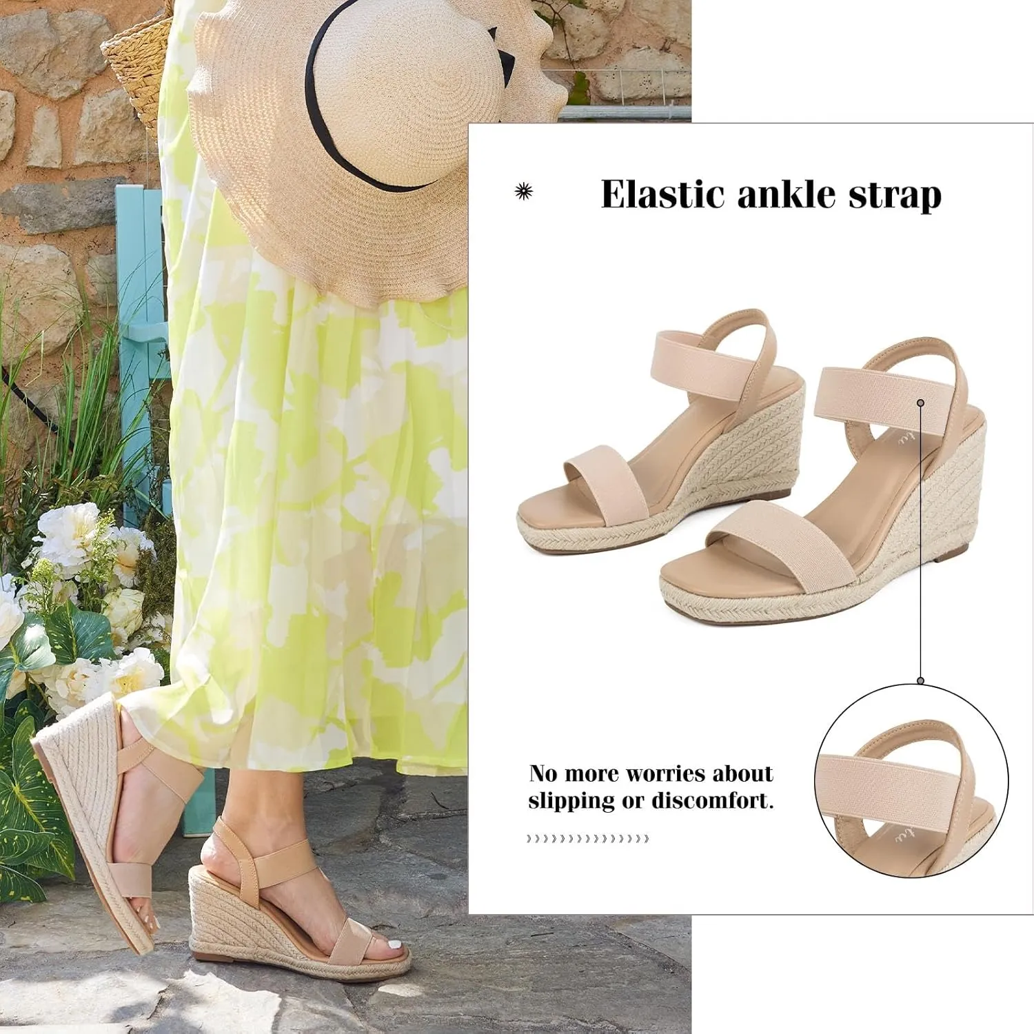 Putu Espadrille Platform Wedge Sandals for Women Square Open Toe Dressy Wedges with Elastic Ankle Strap