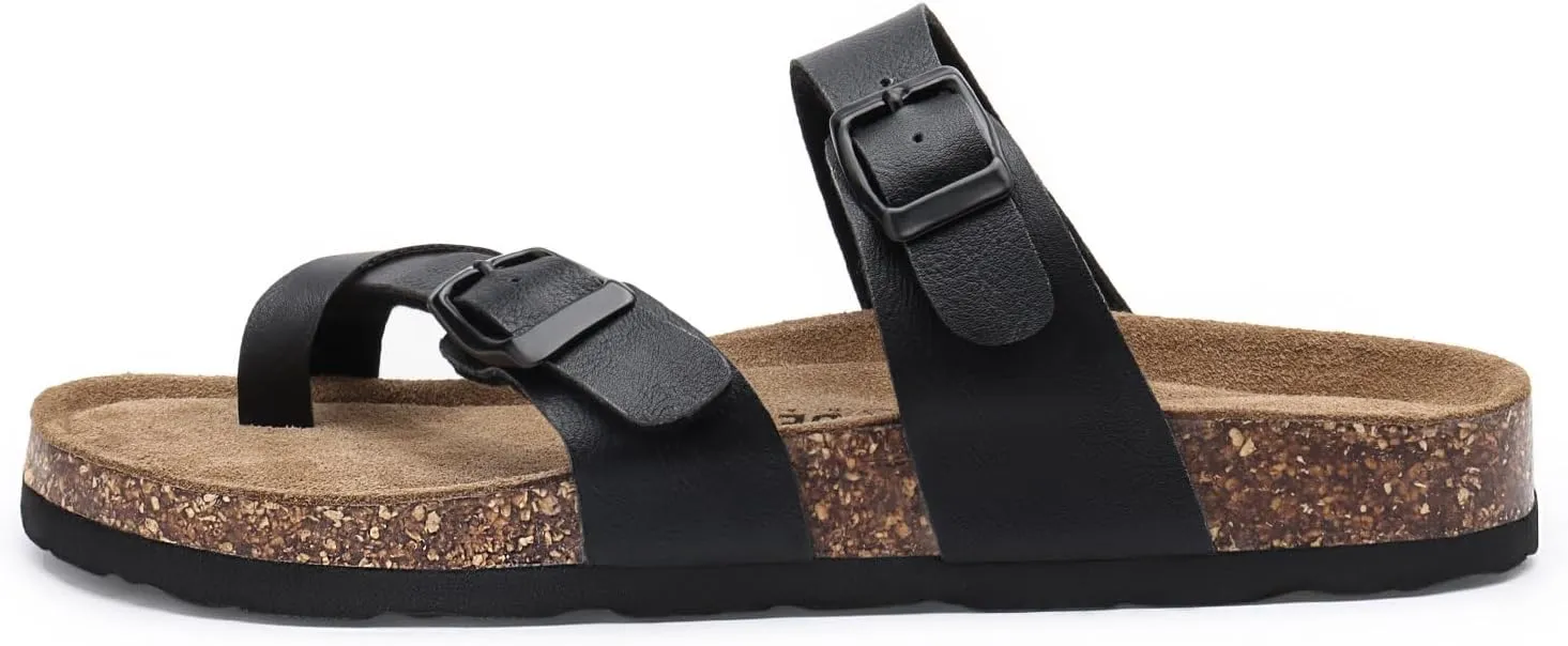 Rainlin Women's Cork Footbed Sandals Comfortable Adjustable Buckle Flat Thong Slide Sandals with Arch Support