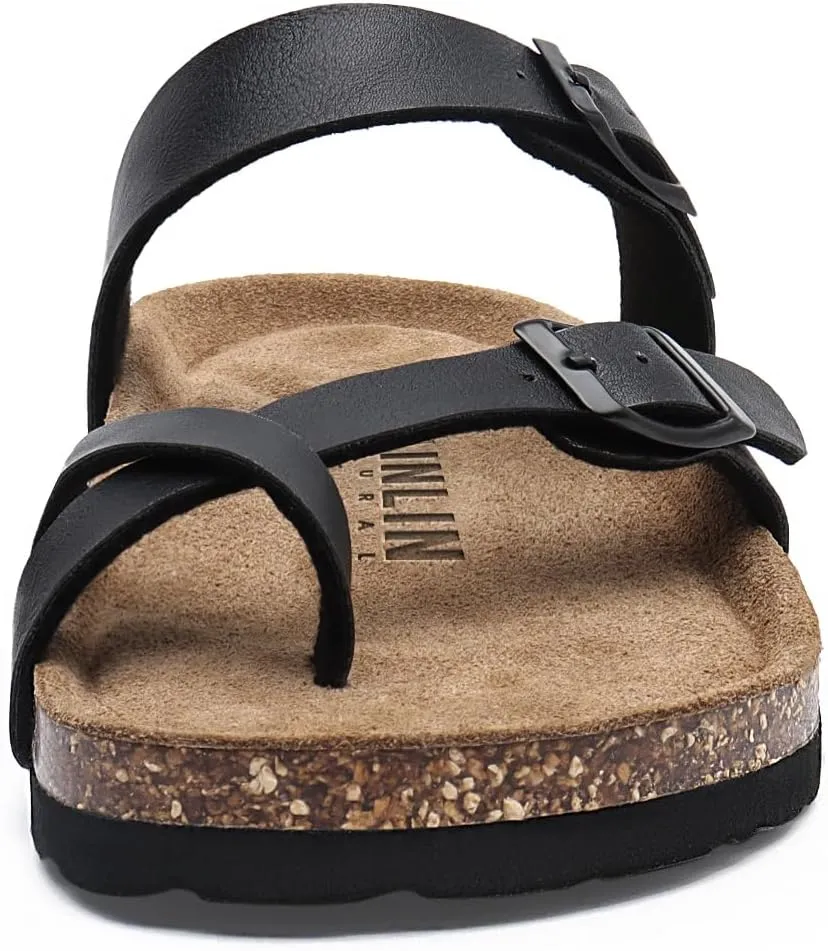 Rainlin Women's Cork Footbed Sandals Comfortable Adjustable Buckle Flat Thong Slide Sandals with Arch Support