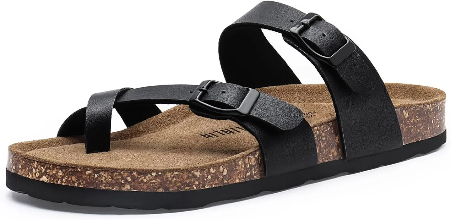 Rainlin Women's Cork Footbed Sandals Comfortable Adjustable Buckle Flat Thong Slide Sandals with Arch Support