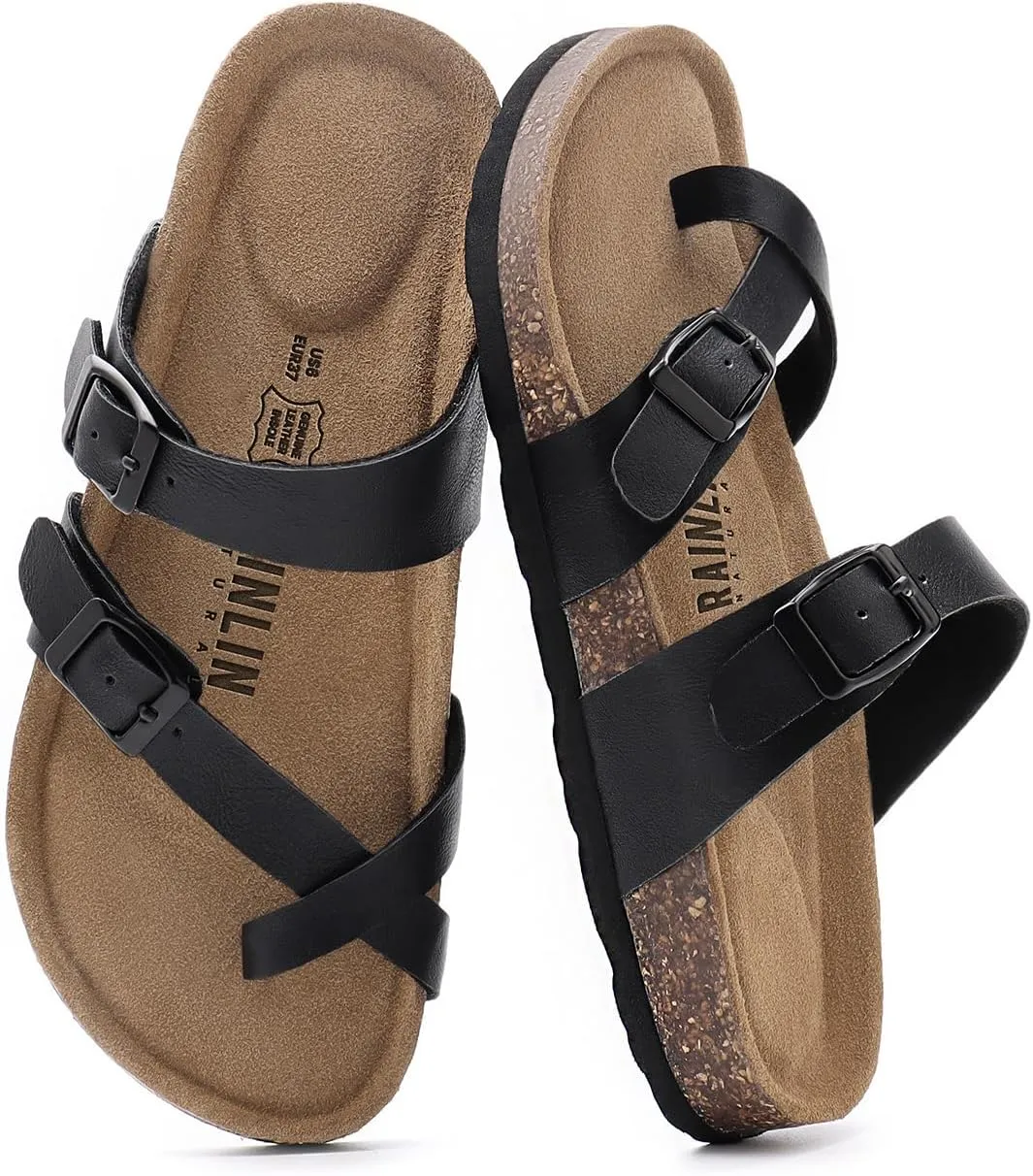 Rainlin Women's Cork Footbed Sandals Comfortable Adjustable Buckle Flat Thong Slide Sandals with Arch Support