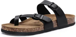 Rainlin Women's Cork Footbed Sandals Comfortable Adjustable Buckle Flat Thong Slide Sandals with Arch Support
