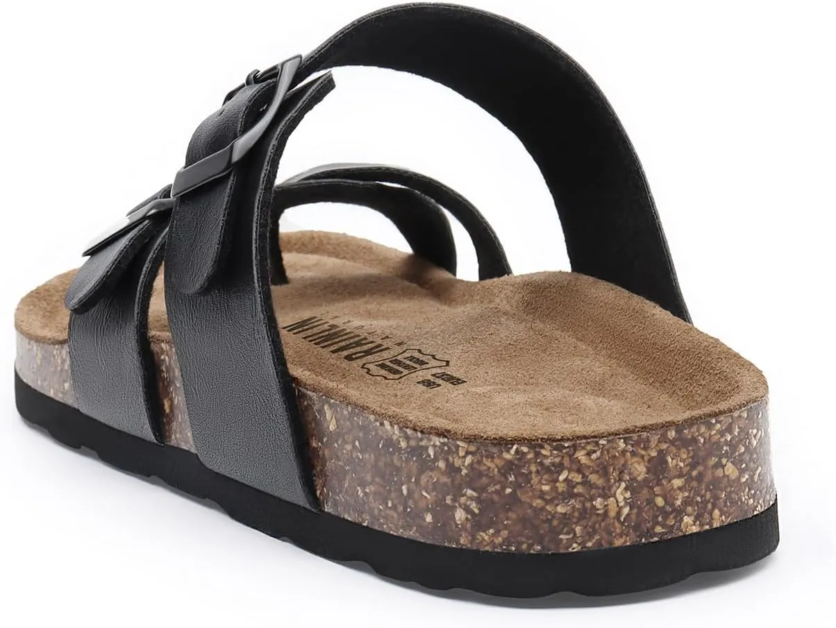 Rainlin Women's Cork Footbed Sandals Comfortable Adjustable Buckle Flat Thong Slide Sandals with Arch Support