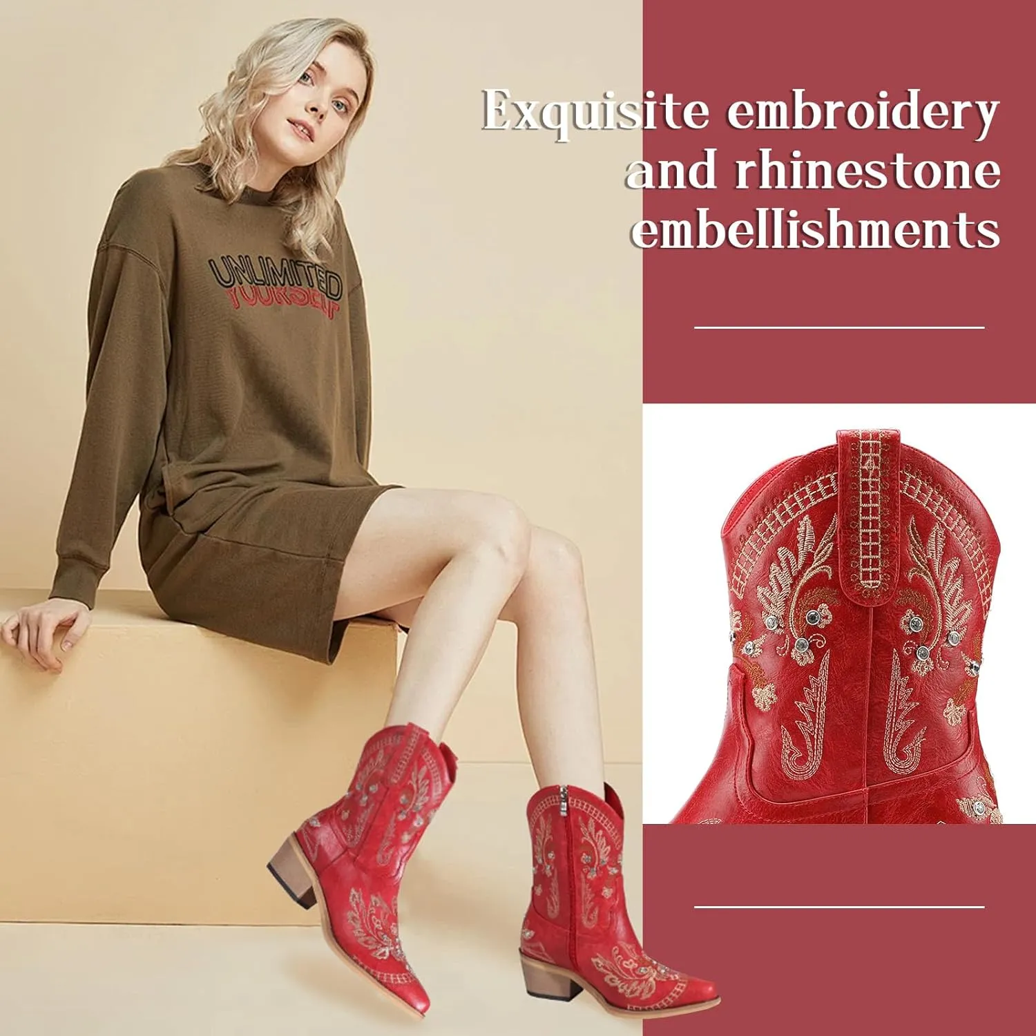Rhinestone Ankle Cowboy Boots for Women Embroidered Short Cowgirl Boots With Low Heel Side Zipper Comfortable Chunky Heels Western Booties For Prom Party Wedding Pull On Shoes