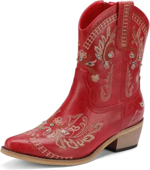 Rhinestone Ankle Cowboy Boots for Women Embroidered Short Cowgirl Boots With Low Heel Side Zipper Comfortable Chunky Heels Western Booties For Prom Party Wedding Pull On Shoes