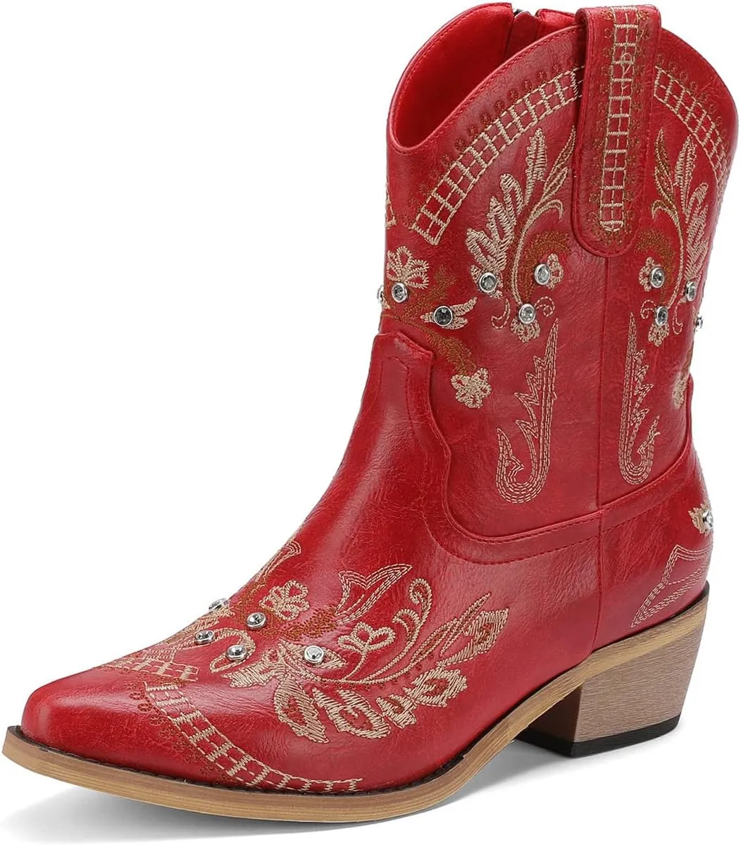 Rhinestone Ankle Cowboy Boots for Women Embroidered Short Cowgirl Boots With Low Heel Side Zipper Comfortable Chunky Heels Western Booties For Prom Party Wedding Pull On Shoes