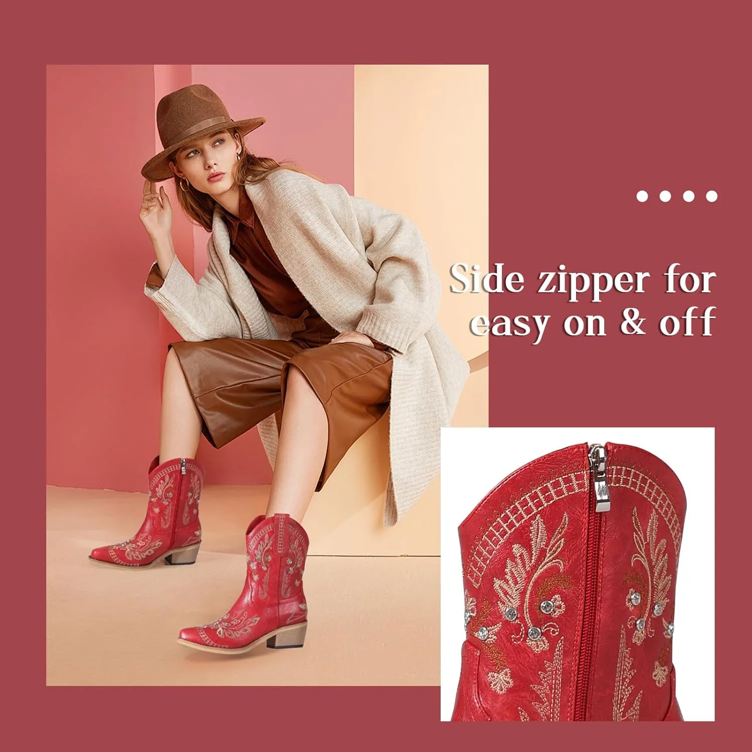 Rhinestone Ankle Cowboy Boots for Women Embroidered Short Cowgirl Boots With Low Heel Side Zipper Comfortable Chunky Heels Western Booties For Prom Party Wedding Pull On Shoes