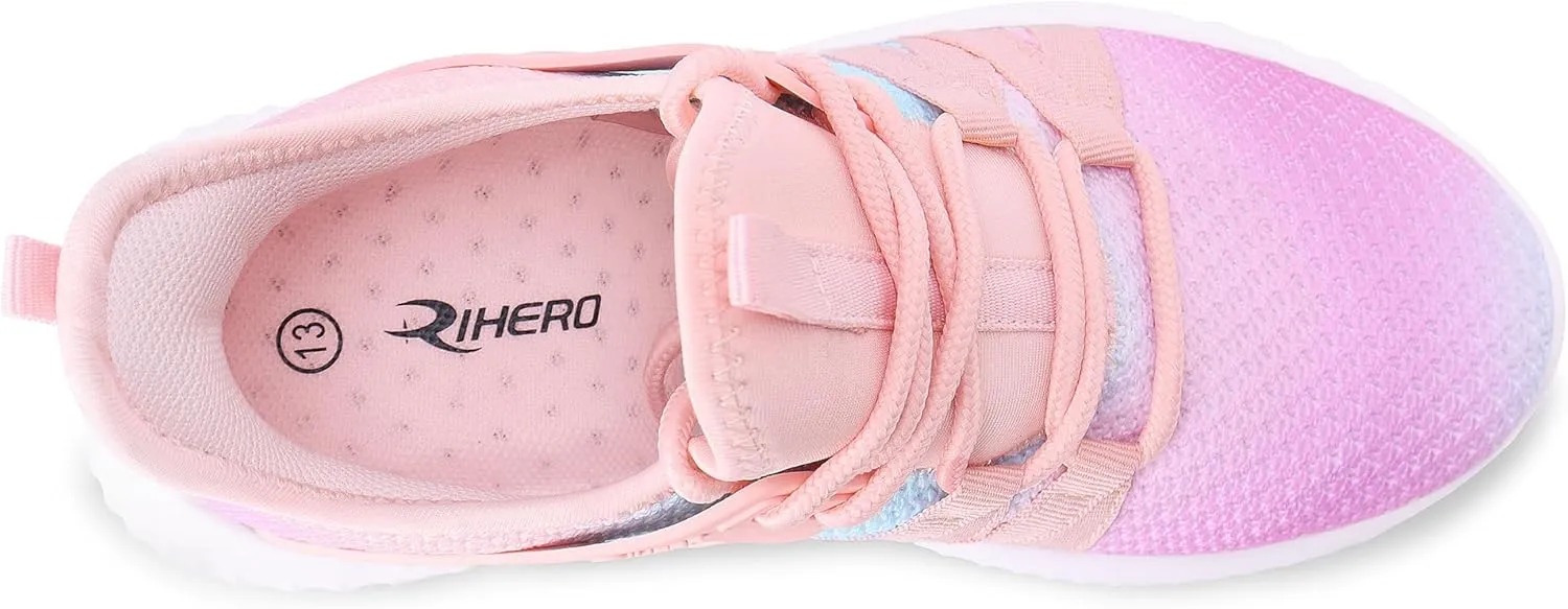 Rihero Girls Tennis Shoes Kids Running Shoes Toddler Lace-Up Lightweight Walking Slip On Sneakers