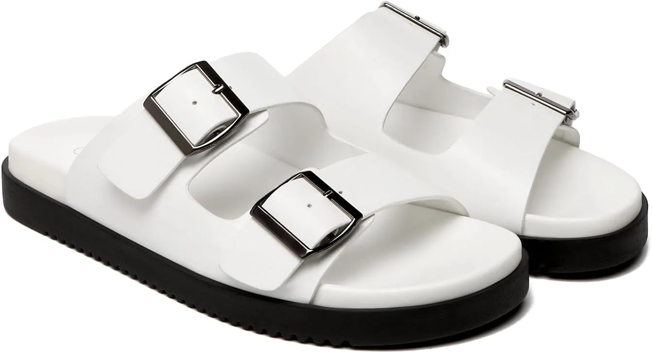 Rihero Women's Flat Sandals Comfort Adjustable Double Strap Slip on Leather Footbed Sandals