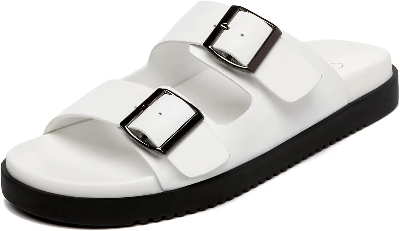 Rihero Women's Flat Sandals Comfort Adjustable Double Strap Slip on Leather Footbed Sandals