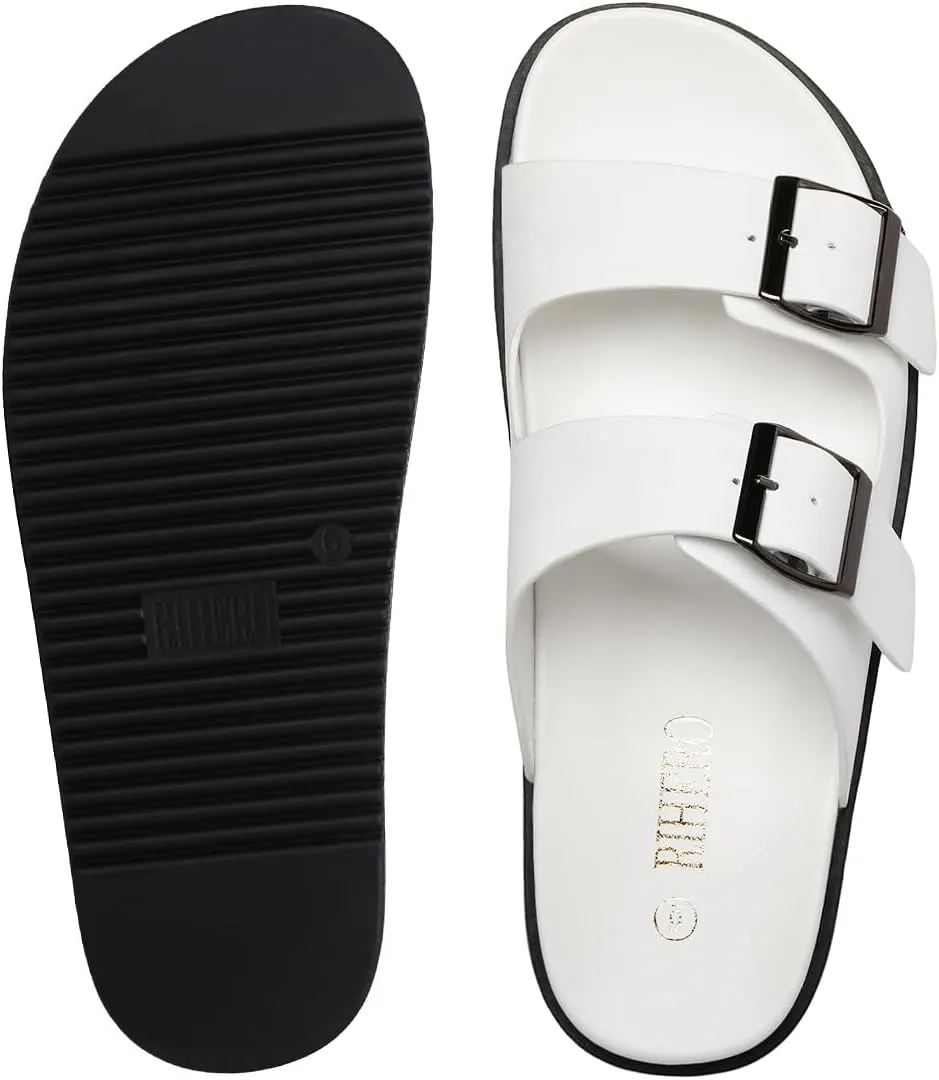 Rihero Women's Flat Sandals Comfort Adjustable Double Strap Slip on Leather Footbed Sandals