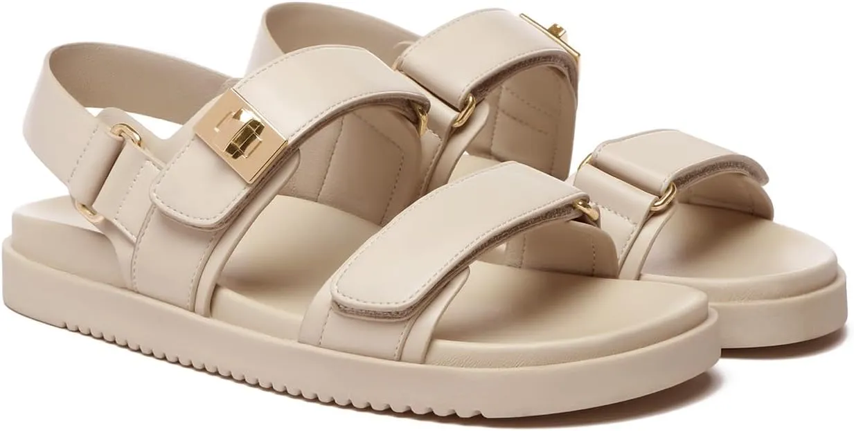 Rihero Women's Flat Sandals Comfort Adjustable Double Strap Slip on Leather Footbed Sandals