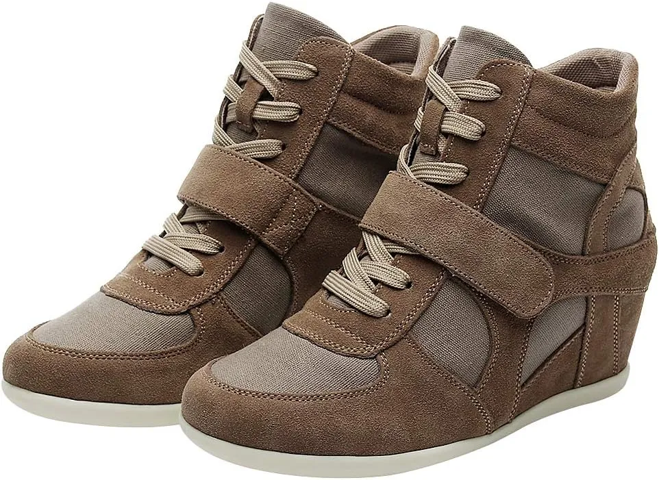 rismart Women's Wedge Casual Hook Loop Fabric Suede Leather Fashion Sneakers