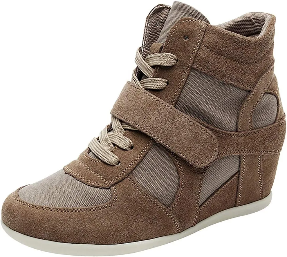 rismart Women's Wedge Casual Hook Loop Fabric Suede Leather Fashion Sneakers