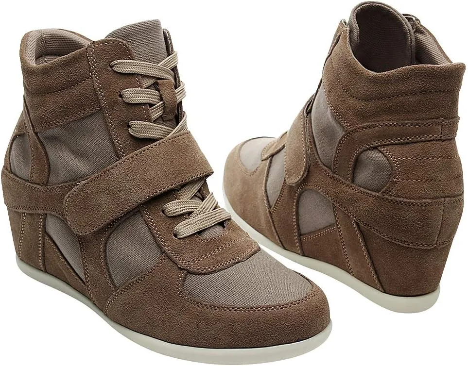 rismart Women's Wedge Casual Hook Loop Fabric Suede Leather Fashion Sneakers