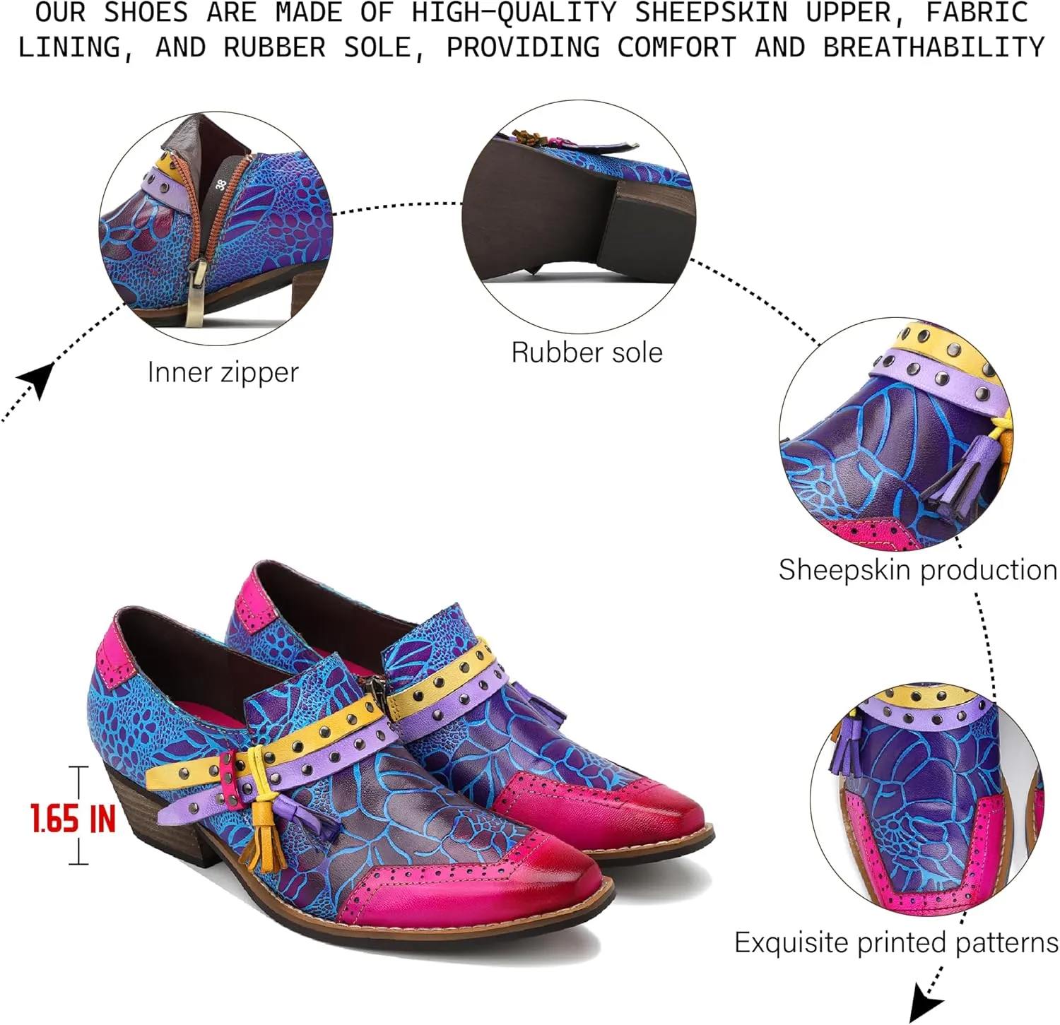Riutiru Women's Handmade Lambskin Mary Jane Loafers Shoes, Retro Ethnic Print Style and Brock-Style Design