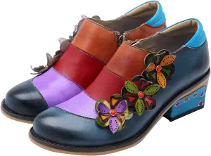 Riutiru Women's Handmade Lambskin Mary Jane Loafers Shoes, Retro Ethnic Print Style and Brock-Style Design