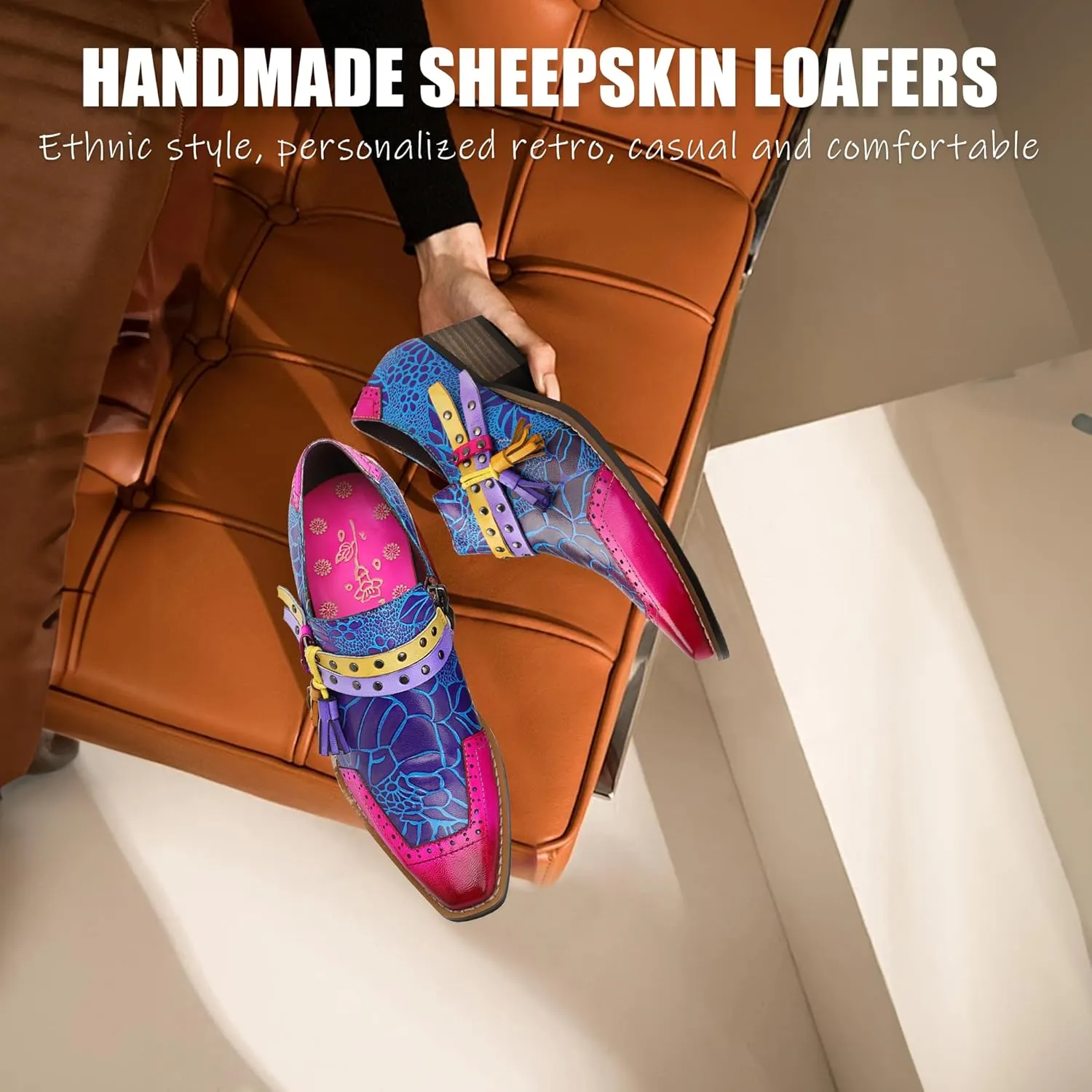 Riutiru Women's Handmade Lambskin Mary Jane Loafers Shoes, Retro Ethnic Print Style and Brock-Style Design