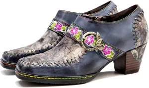 Riutiru Women's Handmade Lambskin Mary Jane Loafers Shoes, Retro Ethnic Print Style and Brock-Style Design