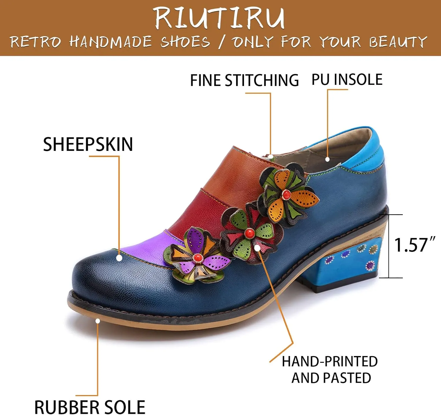 Riutiru Women's Handmade Lambskin Mary Jane Loafers Shoes, Retro Ethnic Print Style and Brock-Style Design