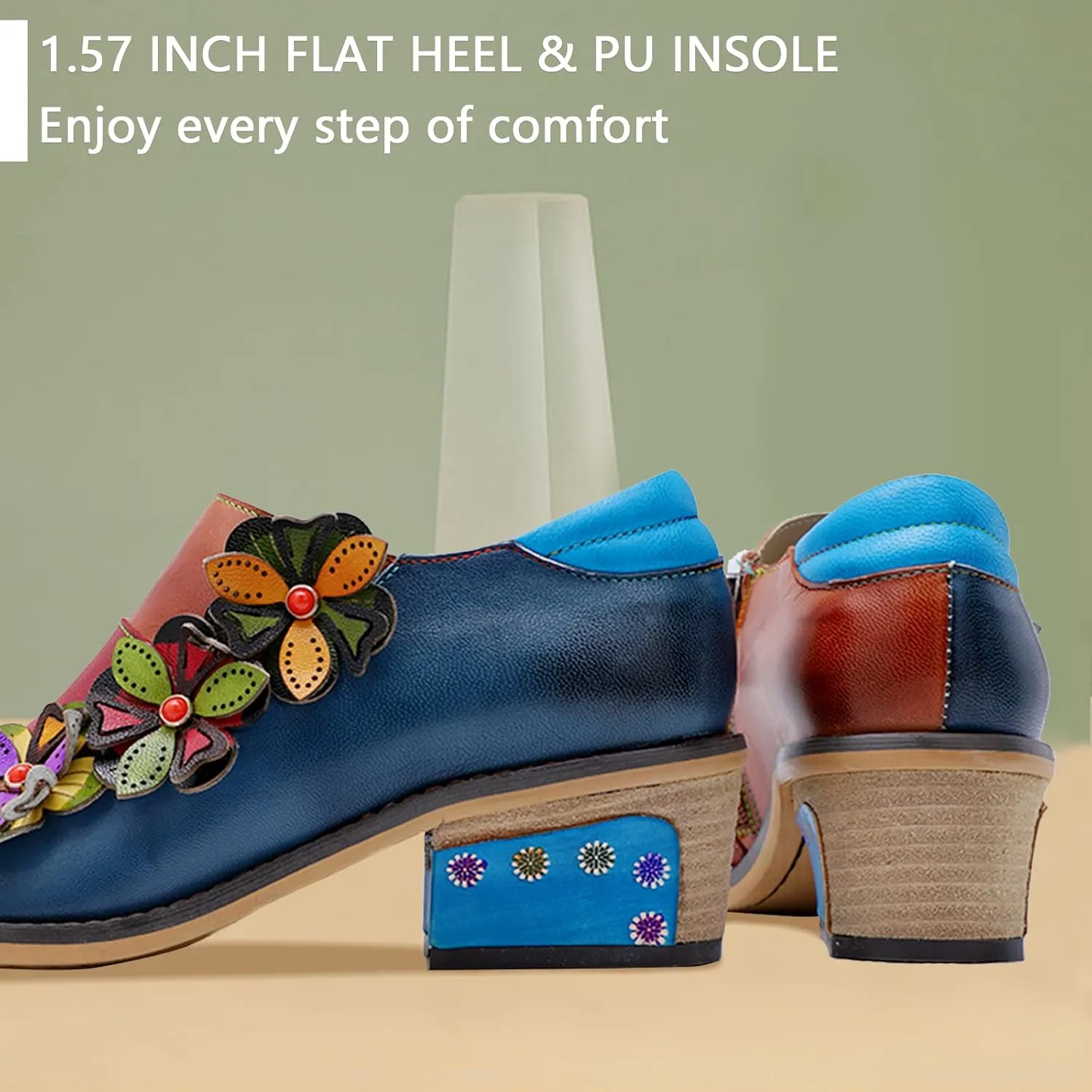 Riutiru Women's Handmade Lambskin Mary Jane Loafers Shoes, Retro Ethnic Print Style and Brock-Style Design