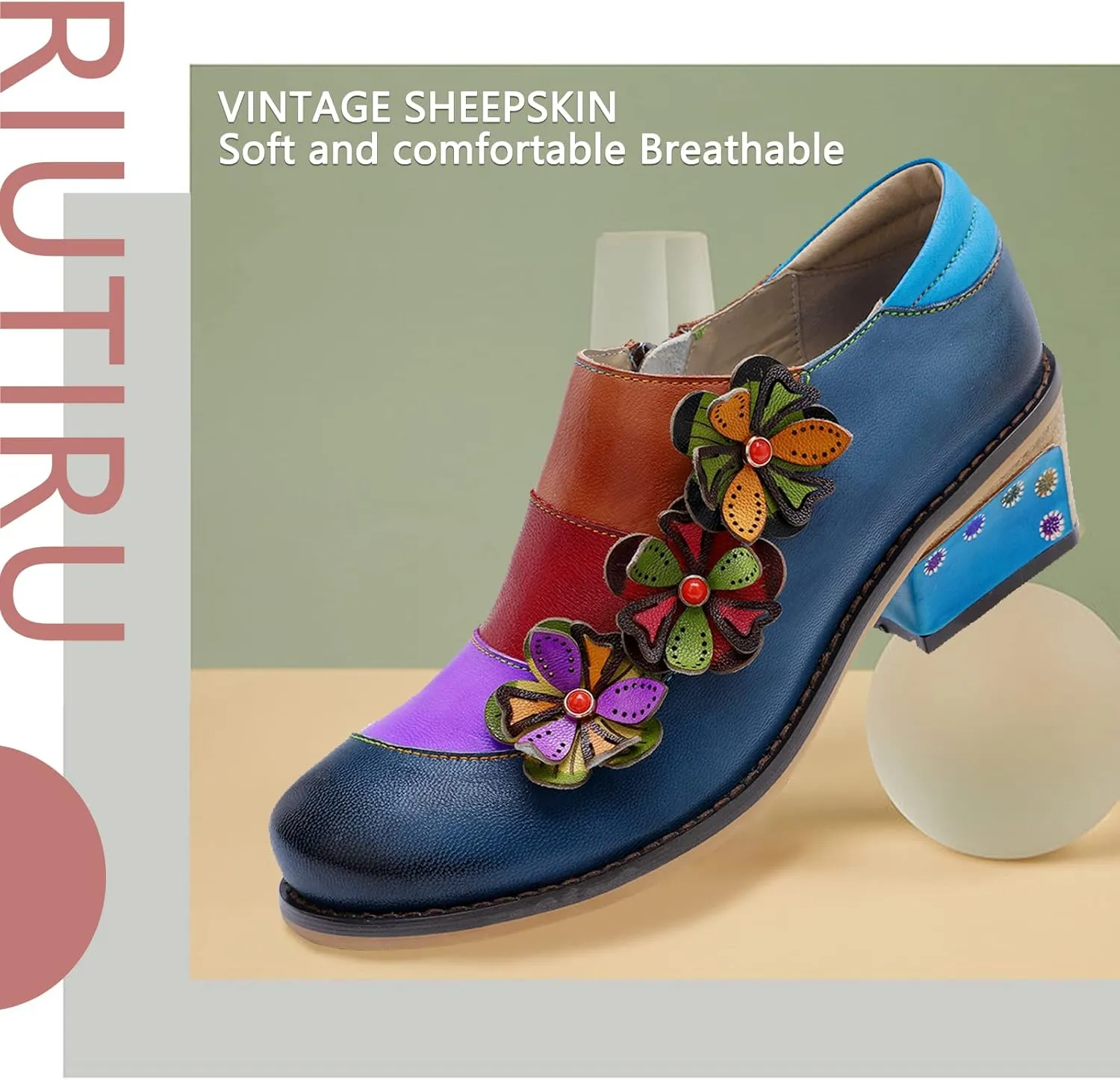 Riutiru Women's Handmade Lambskin Mary Jane Loafers Shoes, Retro Ethnic Print Style and Brock-Style Design