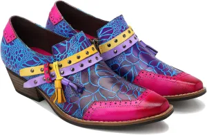 Riutiru Women's Handmade Lambskin Mary Jane Loafers Shoes, Retro Ethnic Print Style and Brock-Style Design