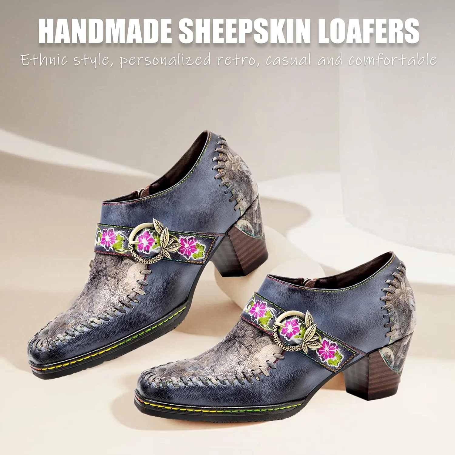 Riutiru Women's Handmade Lambskin Mary Jane Loafers Shoes, Retro Ethnic Print Style and Brock-Style Design