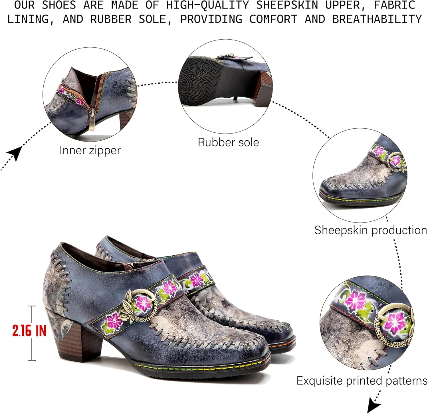 Riutiru Women's Handmade Lambskin Mary Jane Loafers Shoes, Retro Ethnic Print Style and Brock-Style Design