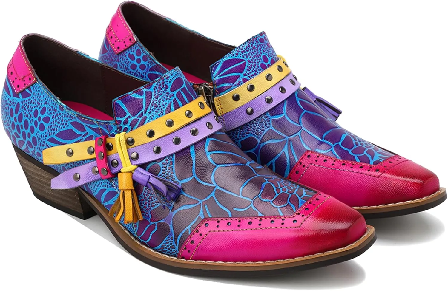 Riutiru Women's Handmade Lambskin Mary Jane Loafers Shoes, Retro Ethnic Print Style and Brock-Style Design