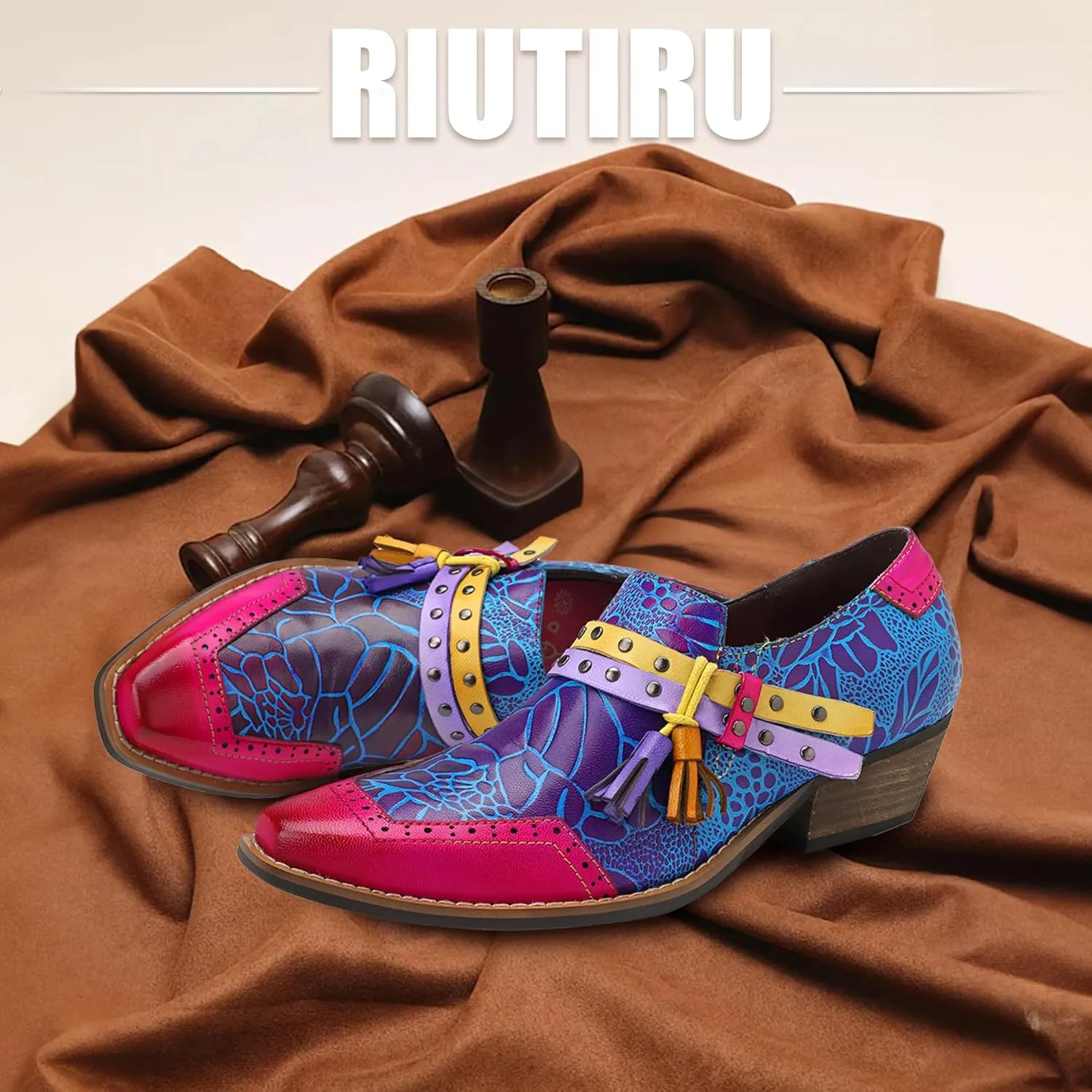 Riutiru Women's Handmade Lambskin Mary Jane Loafers Shoes, Retro Ethnic Print Style and Brock-Style Design