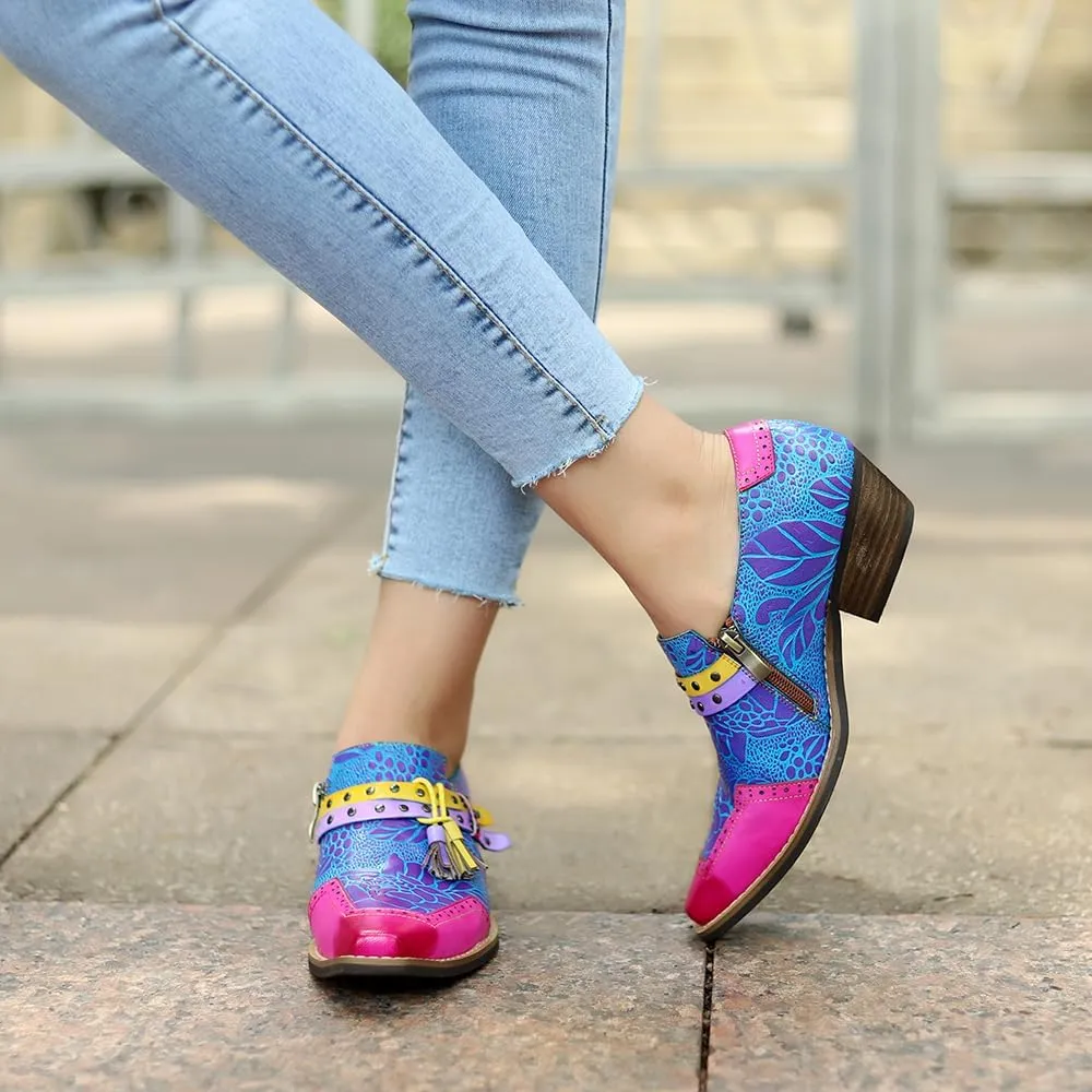 Riutiru Women's Handmade Lambskin Mary Jane Loafers Shoes, Retro Ethnic Print Style and Brock-Style Design
