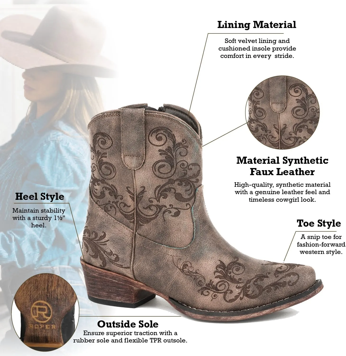 ROPER Womens Short Stuff Embossed Snip Toe Casual Boots Ankle Low Heel 1-2" - Brown