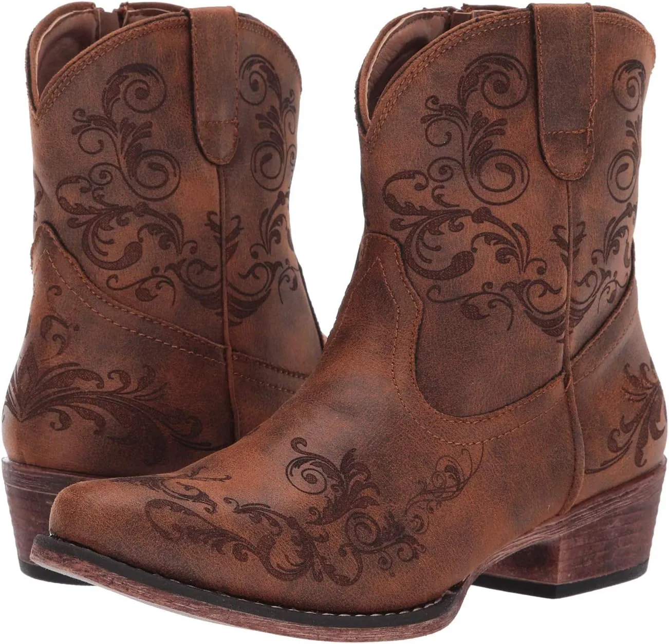 ROPER Womens Short Stuff Embossed Snip Toe Casual Boots Ankle Low Heel 1-2" - Brown