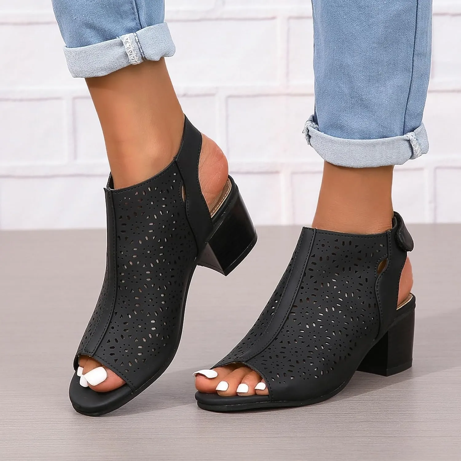 SACFOF Women's Cut Out Peep Toe Slingback Chunky Stacked Heel Ankle Booties Ankle Strap Low Heel Dress Pumps Sandals