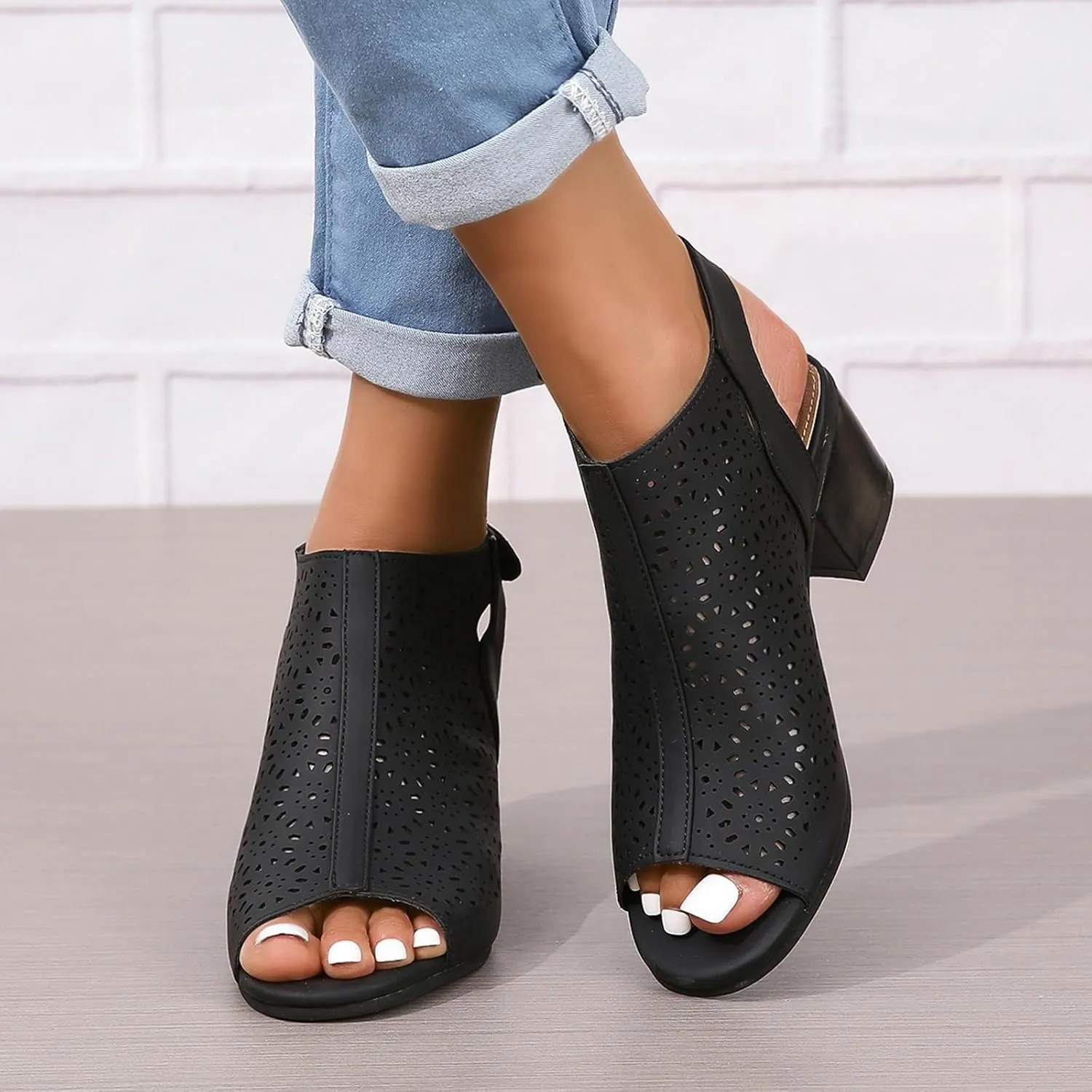 SACFOF Women's Cut Out Peep Toe Slingback Chunky Stacked Heel Ankle Booties Ankle Strap Low Heel Dress Pumps Sandals