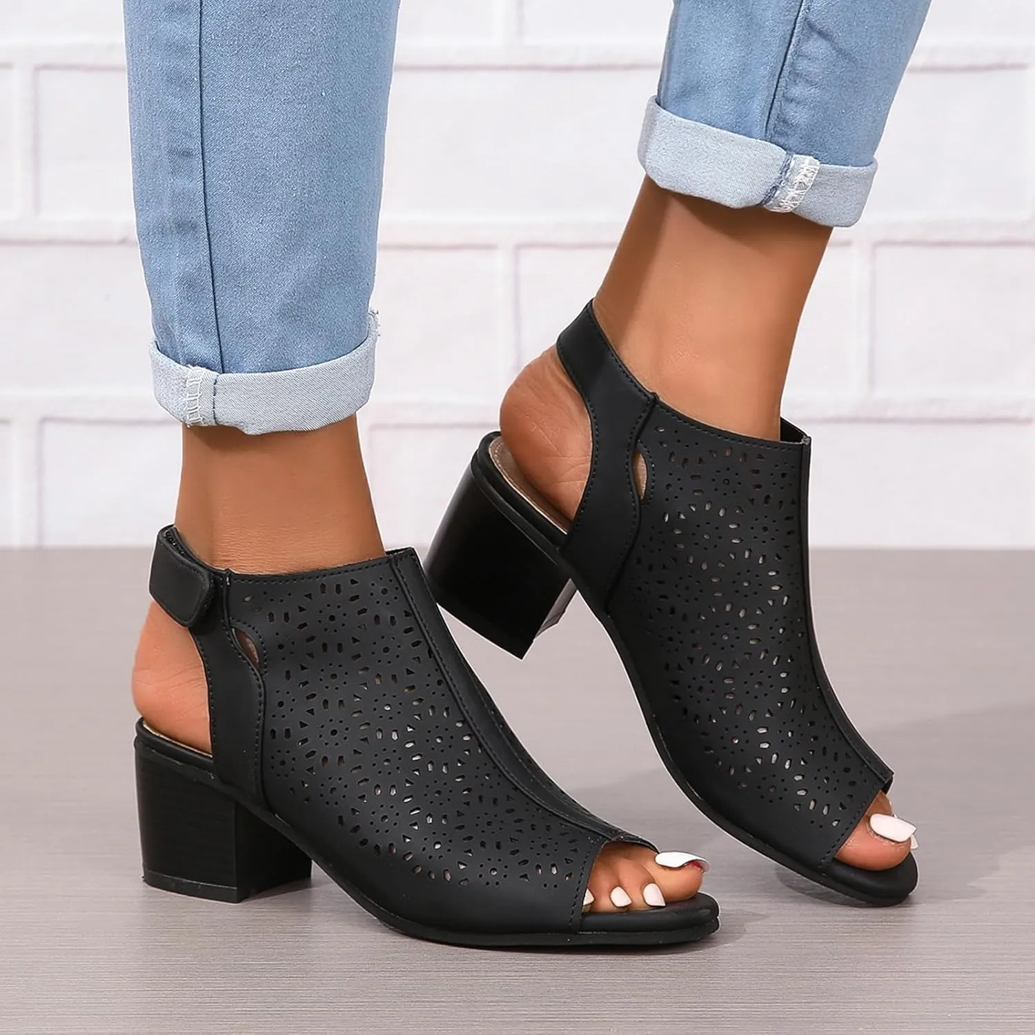 SACFOF Women's Cut Out Peep Toe Slingback Chunky Stacked Heel Ankle Booties Ankle Strap Low Heel Dress Pumps Sandals