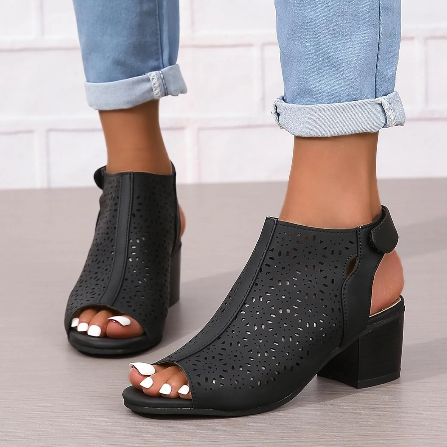 SACFOF Women's Cut Out Peep Toe Slingback Chunky Stacked Heel Ankle Booties Ankle Strap Low Heel Dress Pumps Sandals