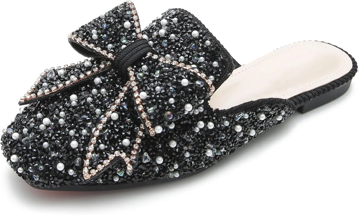 SAFECAMS Women's Rhinestone Bow Flat Mules Comfortable Square Toe Slip on Penny Loafers Ladies Baotou Clogs Half Slides Mules