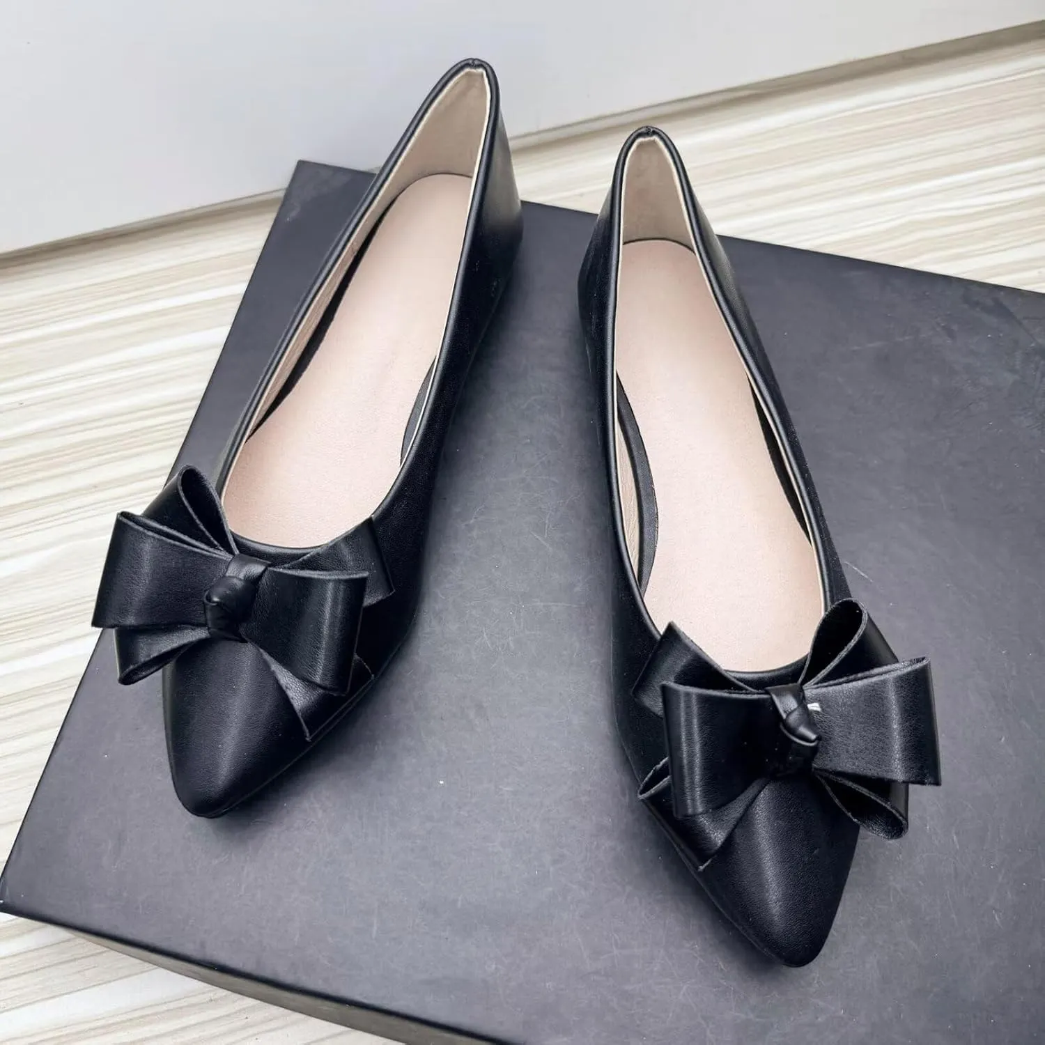 SAILING LU Womens Pointed Toe Ballet Flats Cute Bow-Knot Comfortable Loafers Formal Business Suede Slip On Dressy Walking Shoes