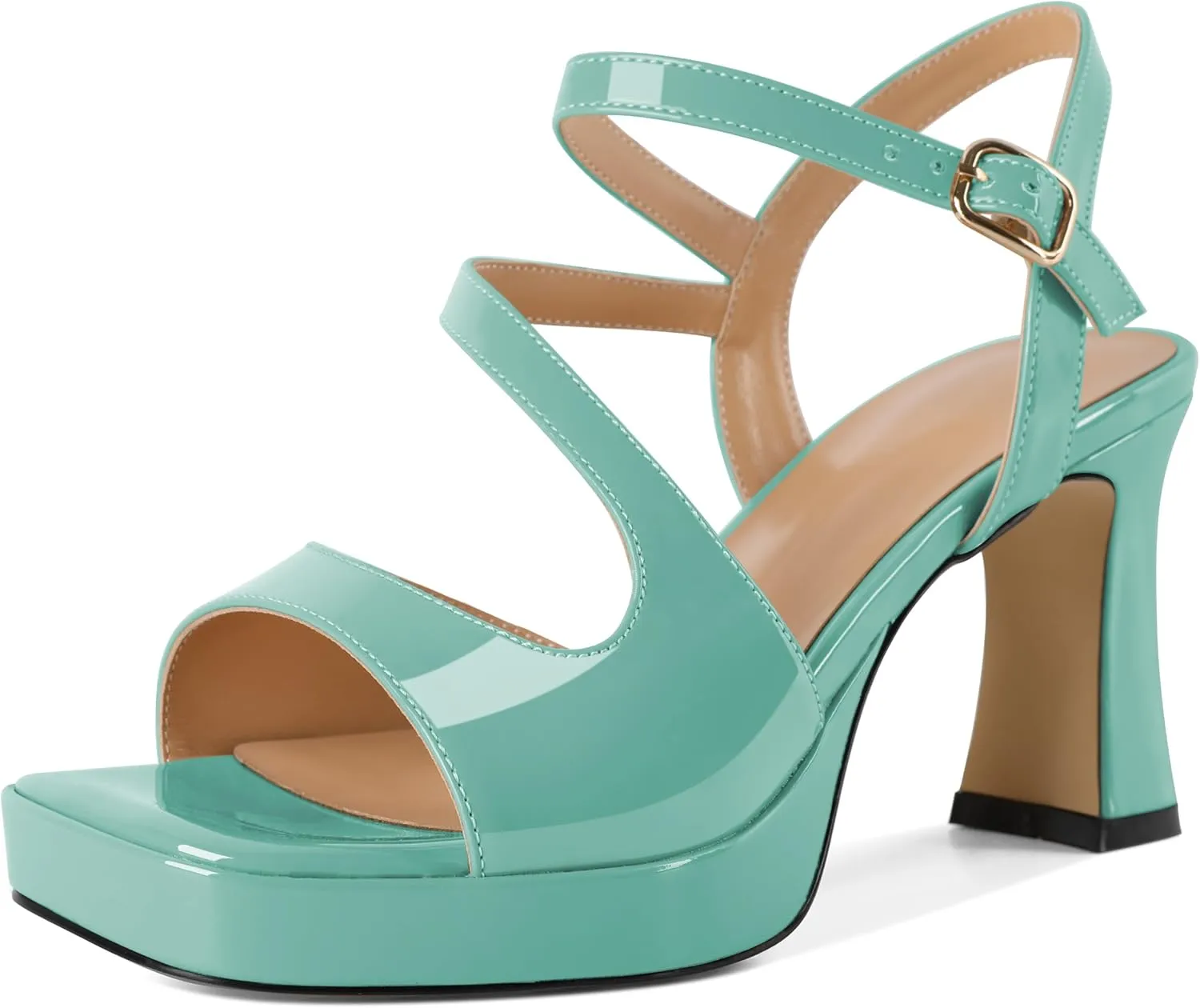 SAMMITOP Platform Heels for Women Open Square Toe Strappy Chunky High Heeled Sandals Slingback Heels Ankle Strap Wedding Party Office Shoes 3.5 Inch