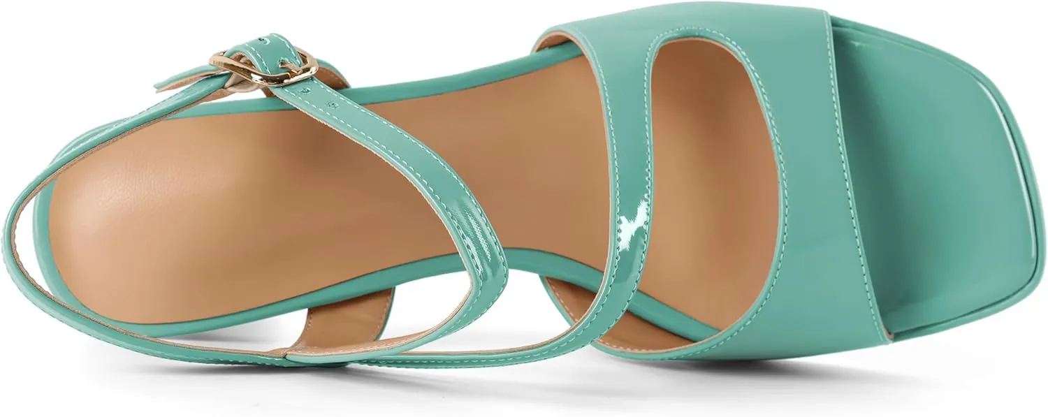 SAMMITOP Platform Heels for Women Open Square Toe Strappy Chunky High Heeled Sandals Slingback Heels Ankle Strap Wedding Party Office Shoes 3.5 Inch