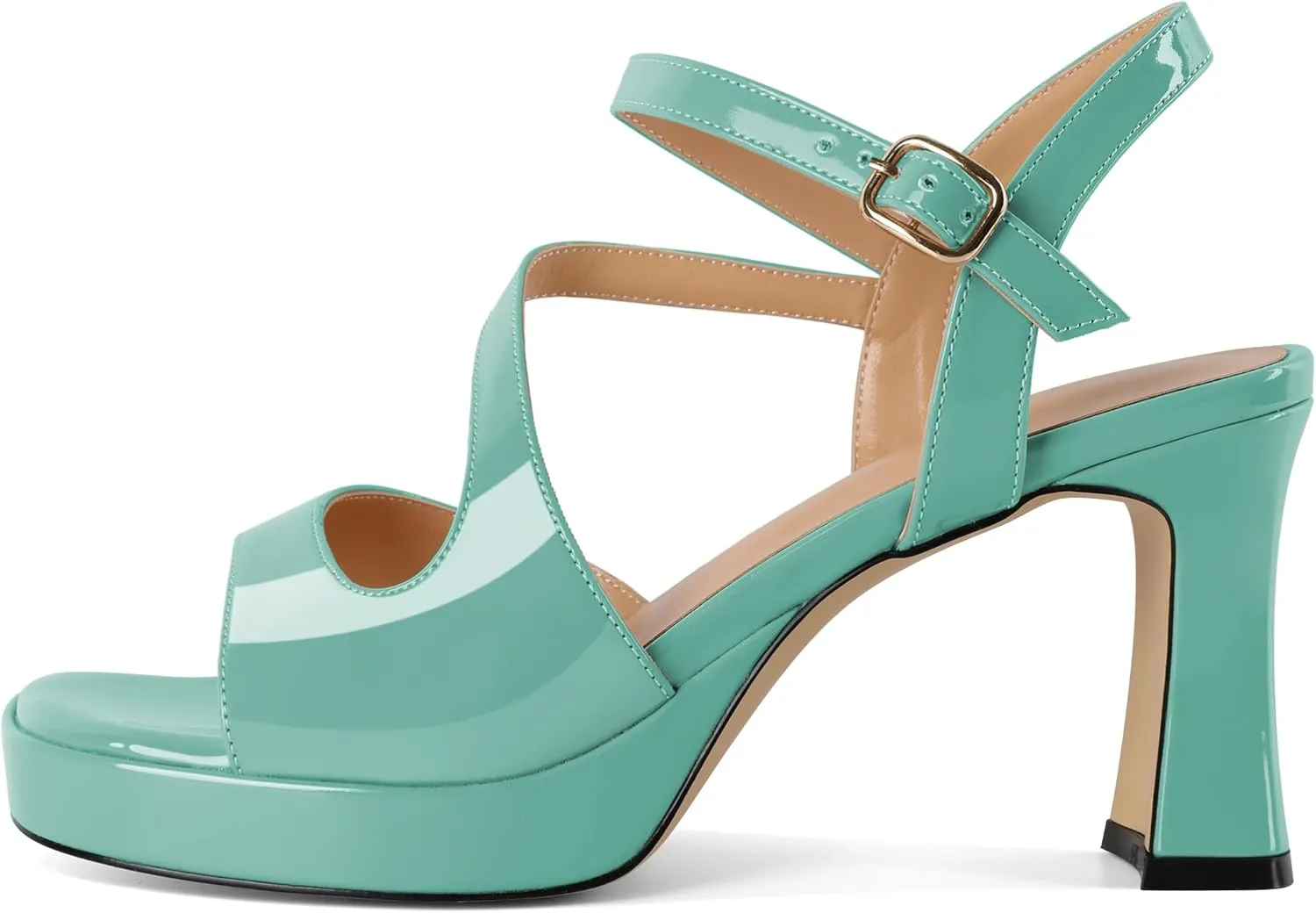 SAMMITOP Platform Heels for Women Open Square Toe Strappy Chunky High Heeled Sandals Slingback Heels Ankle Strap Wedding Party Office Shoes 3.5 Inch