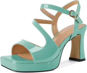 SAMMITOP Platform Heels for Women Open Square Toe Strappy Chunky High Heeled Sandals Slingback Heels Ankle Strap Wedding Party Office Shoes 3.5 Inch