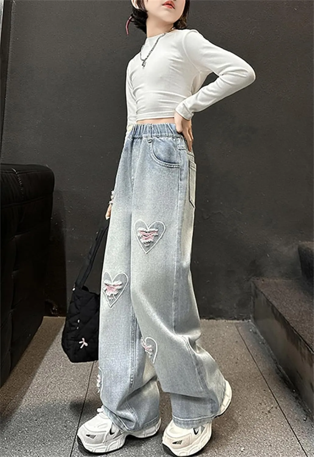 SANGTREE Girls Wide Leg Jeans Elastic Waist Denim Pants Baggy Jeans for Girls, 6-14 Years