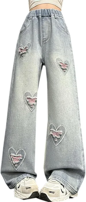 SANGTREE Girls Wide Leg Jeans Elastic Waist Denim Pants Baggy Jeans for Girls, 6-14 Years