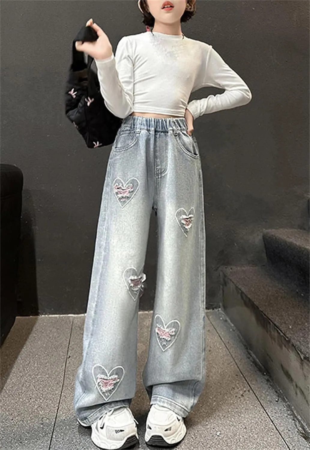 SANGTREE Girls Wide Leg Jeans Elastic Waist Denim Pants Baggy Jeans for Girls, 6-14 Years