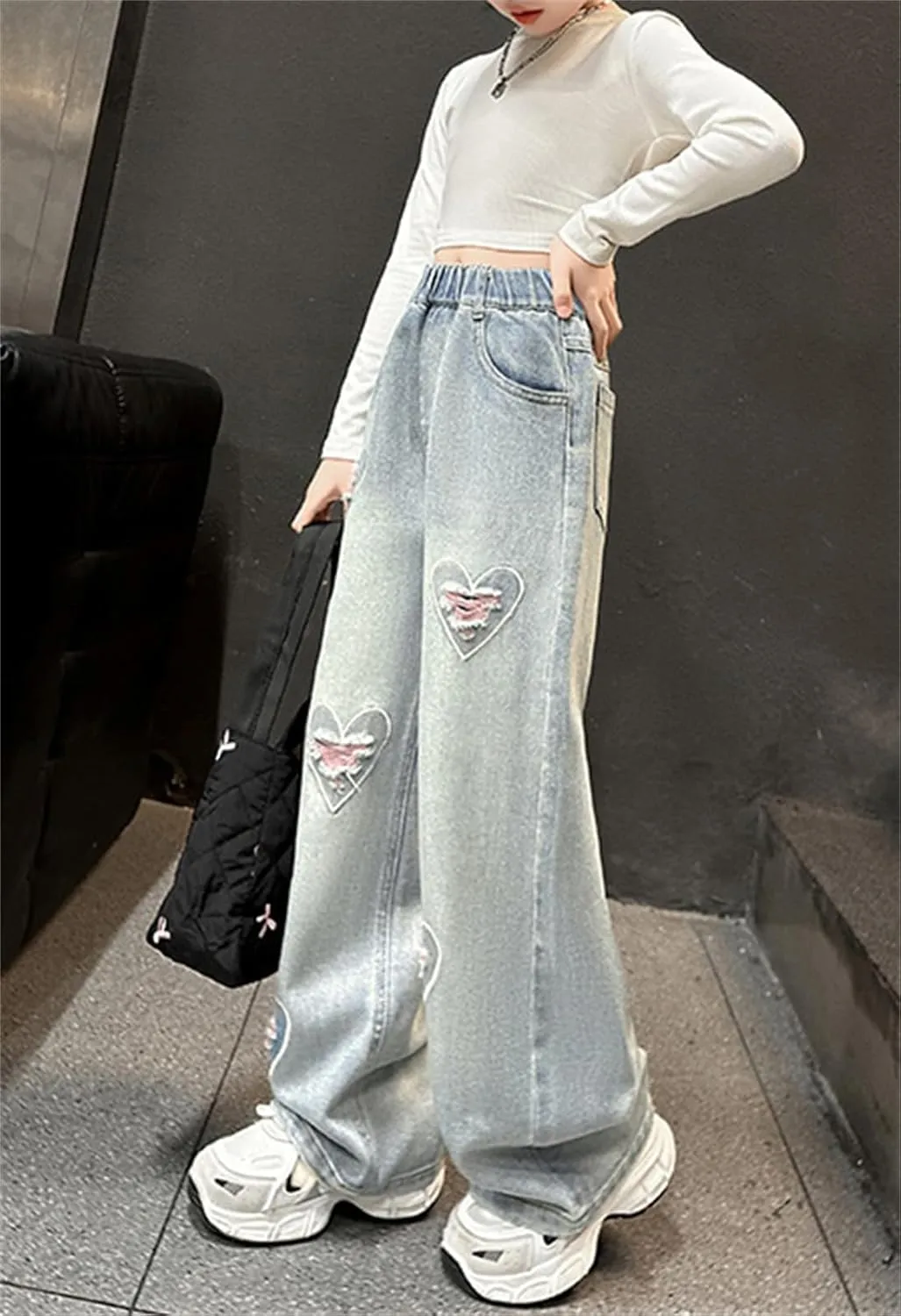 SANGTREE Girls Wide Leg Jeans Elastic Waist Denim Pants Baggy Jeans for Girls, 6-14 Years