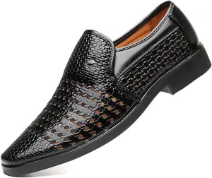 Santimon Men's Woven Casual Slip On Loafers Leather Dress Pointed Toe Derby Walking Breathable Comfort Shoes