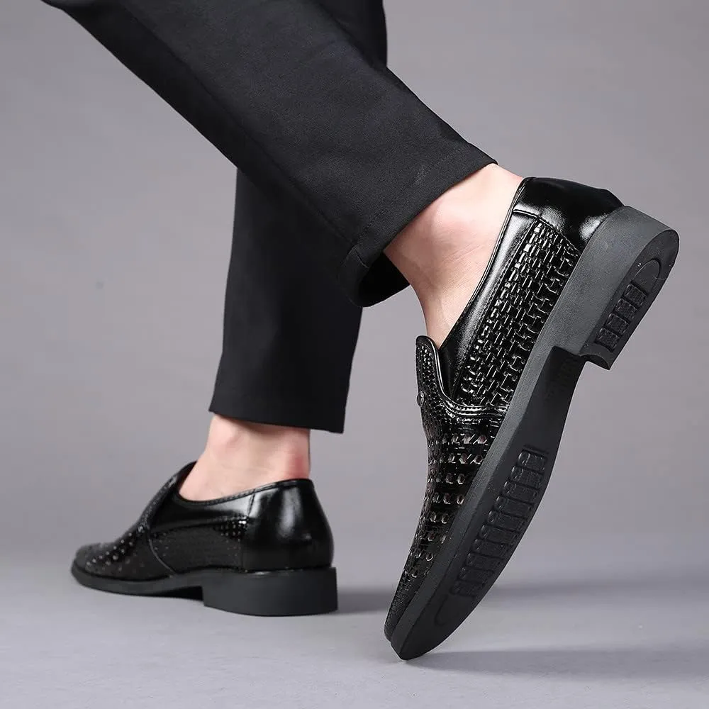 Santimon Men's Woven Casual Slip On Loafers Leather Dress Pointed Toe Derby Walking Breathable Comfort Shoes